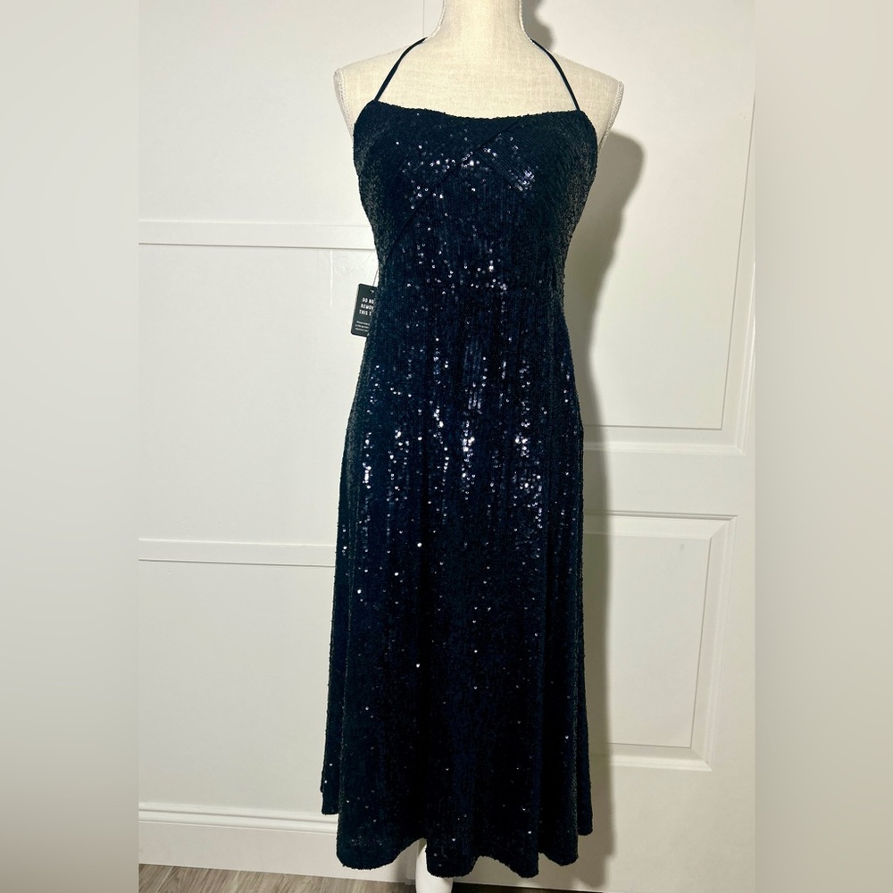 Express Halter Evening Dress - Shimmering Elegance in Midnight Blue Sequins